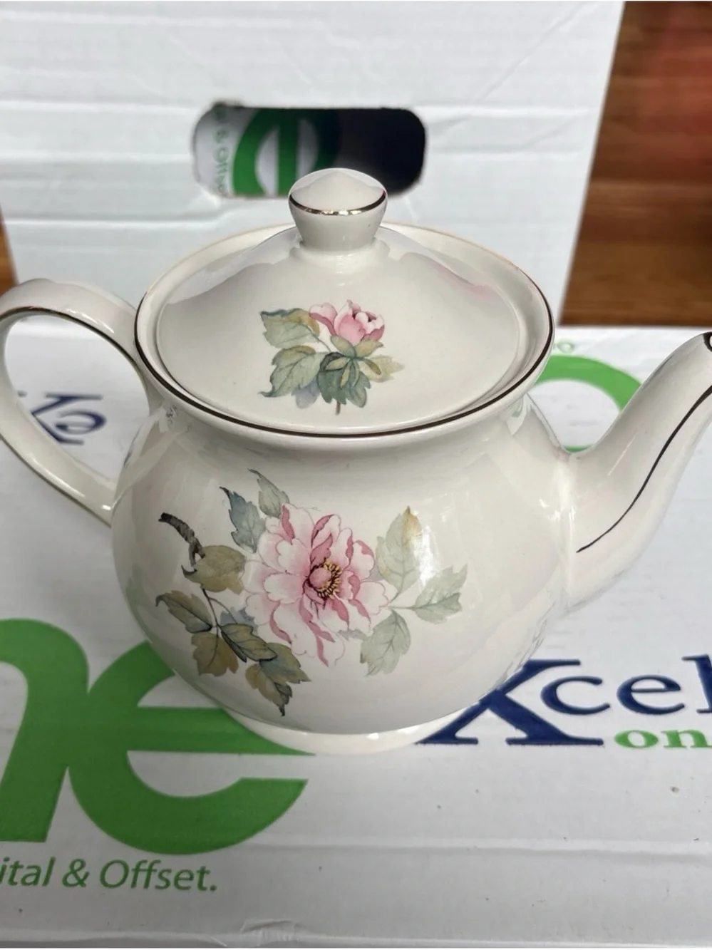 Sandler White Porcelain Teapot with Pink Rose Floral Design